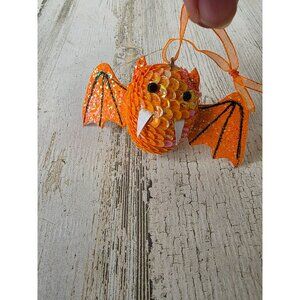 Vintage Pier 1 orange bat sequin glitter ornament Xmas Halloween decor tree